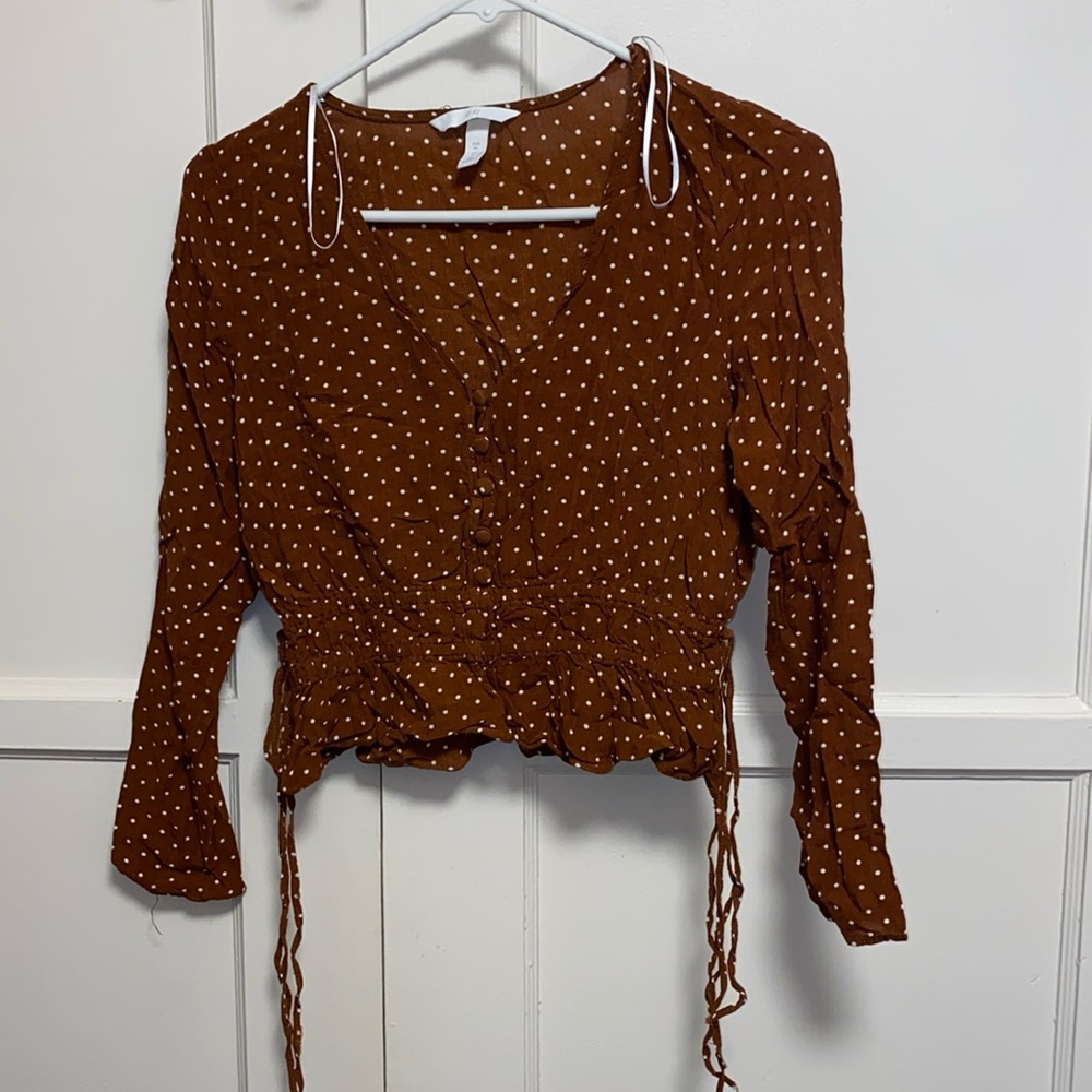 H&M Size 2 Brown White Polka Dot Cropped Blouse Top